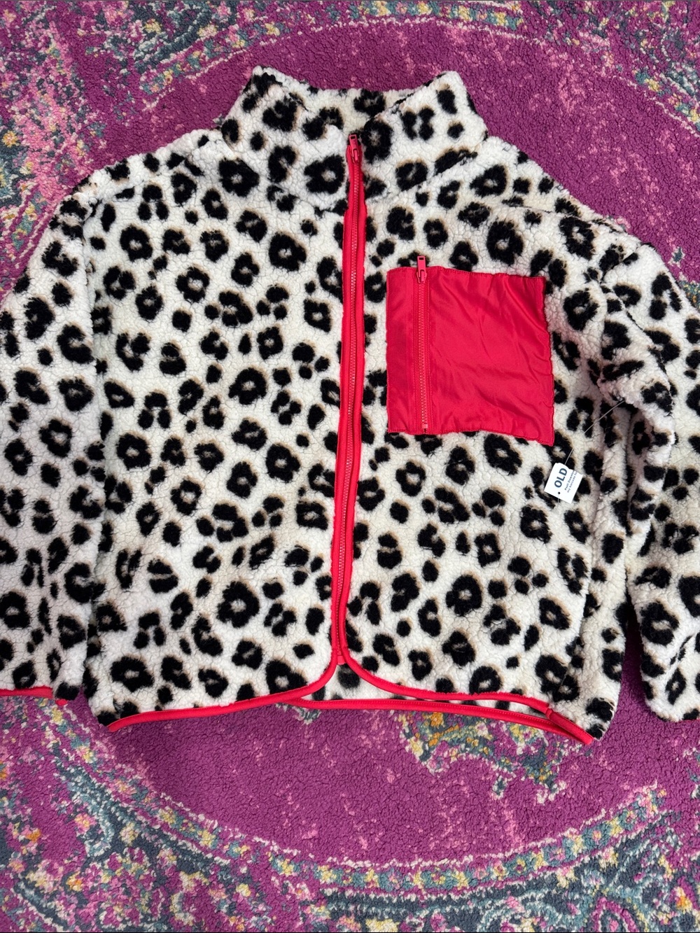 Old Navy Cream and Black Leopard Fleece Jacket with Red Trim